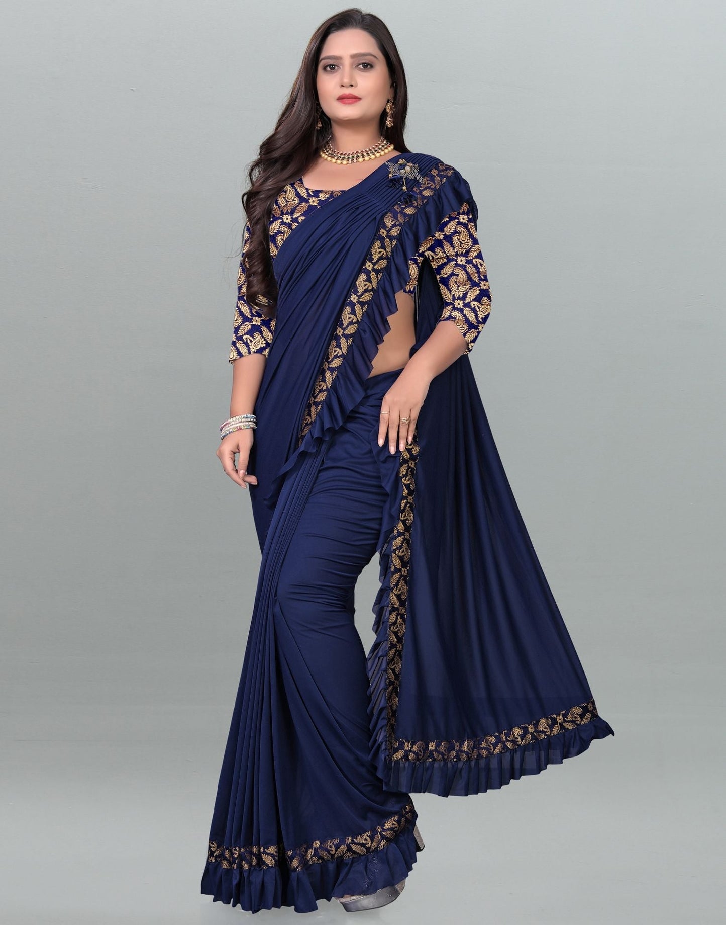 Navy Blue Plain Pre-draped Saree | Leemboodi