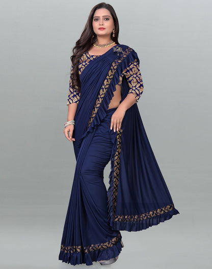 Navy Blue Plain Pre-draped Saree | Leemboodi