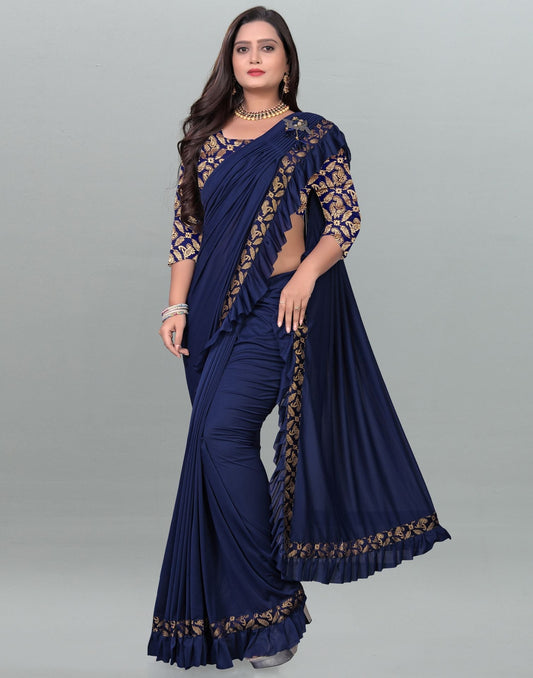 Navy Blue Plain Pre-draped Saree | Leemboodi