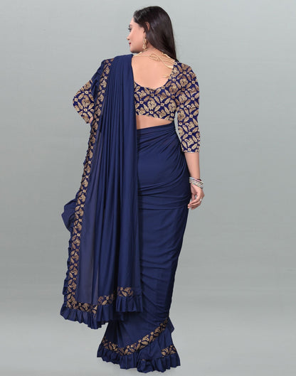 Navy Blue Plain Pre-draped Saree | Leemboodi