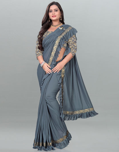 Grey Plain Pre-draped Saree | Leemboodi