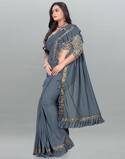 Grey Plain Pre-draped Saree | Leemboodi