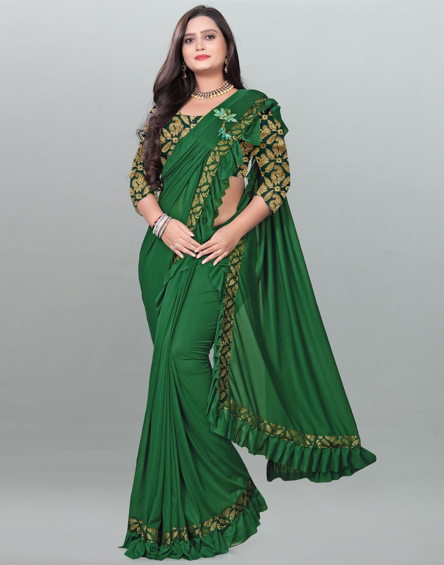 Green Plain Pre-draped Saree | Leemboodi