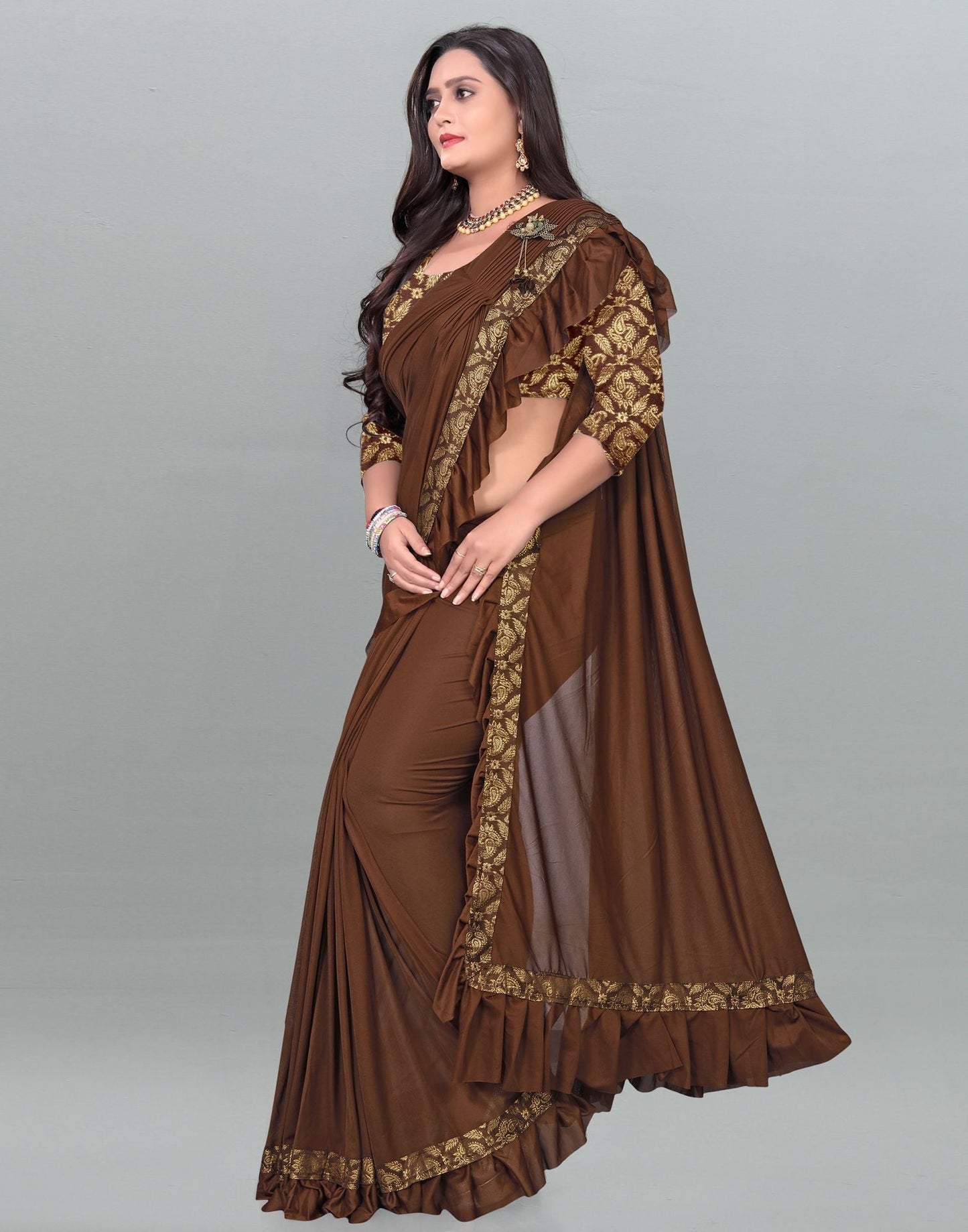 Brown Plain Pre-draped Saree | Leemboodi