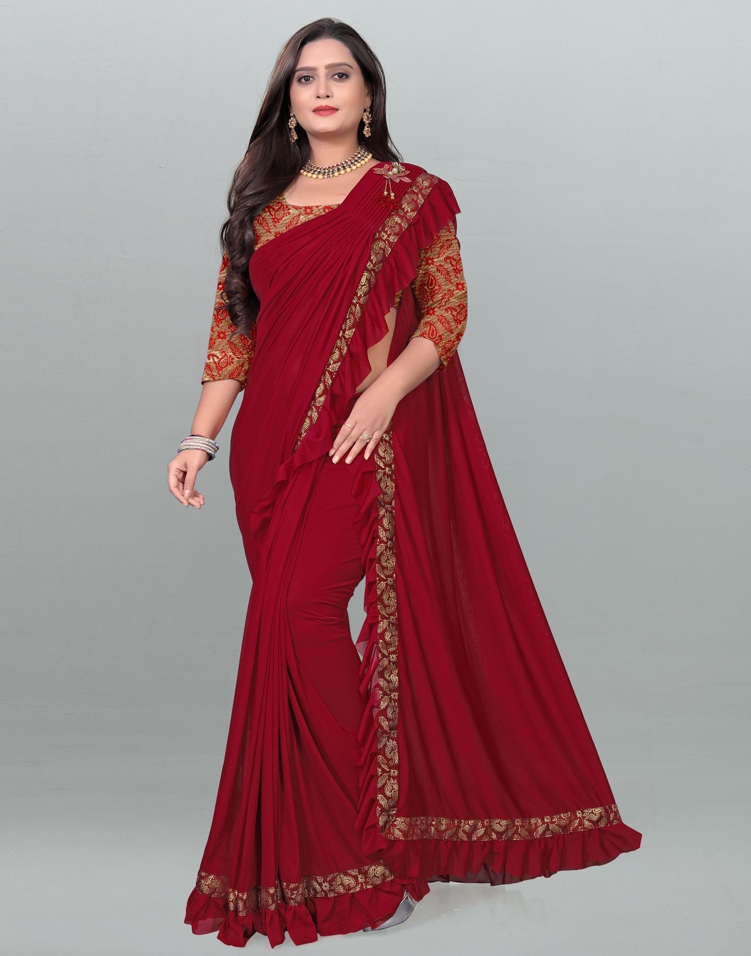 Maroon Plain Pre-draped Saree | Leemboodi