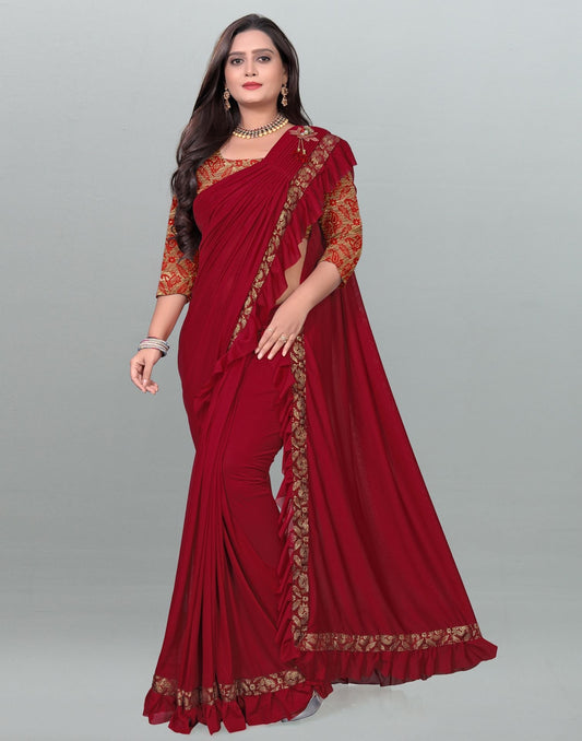 Maroon Plain Pre-draped Saree | Leemboodi