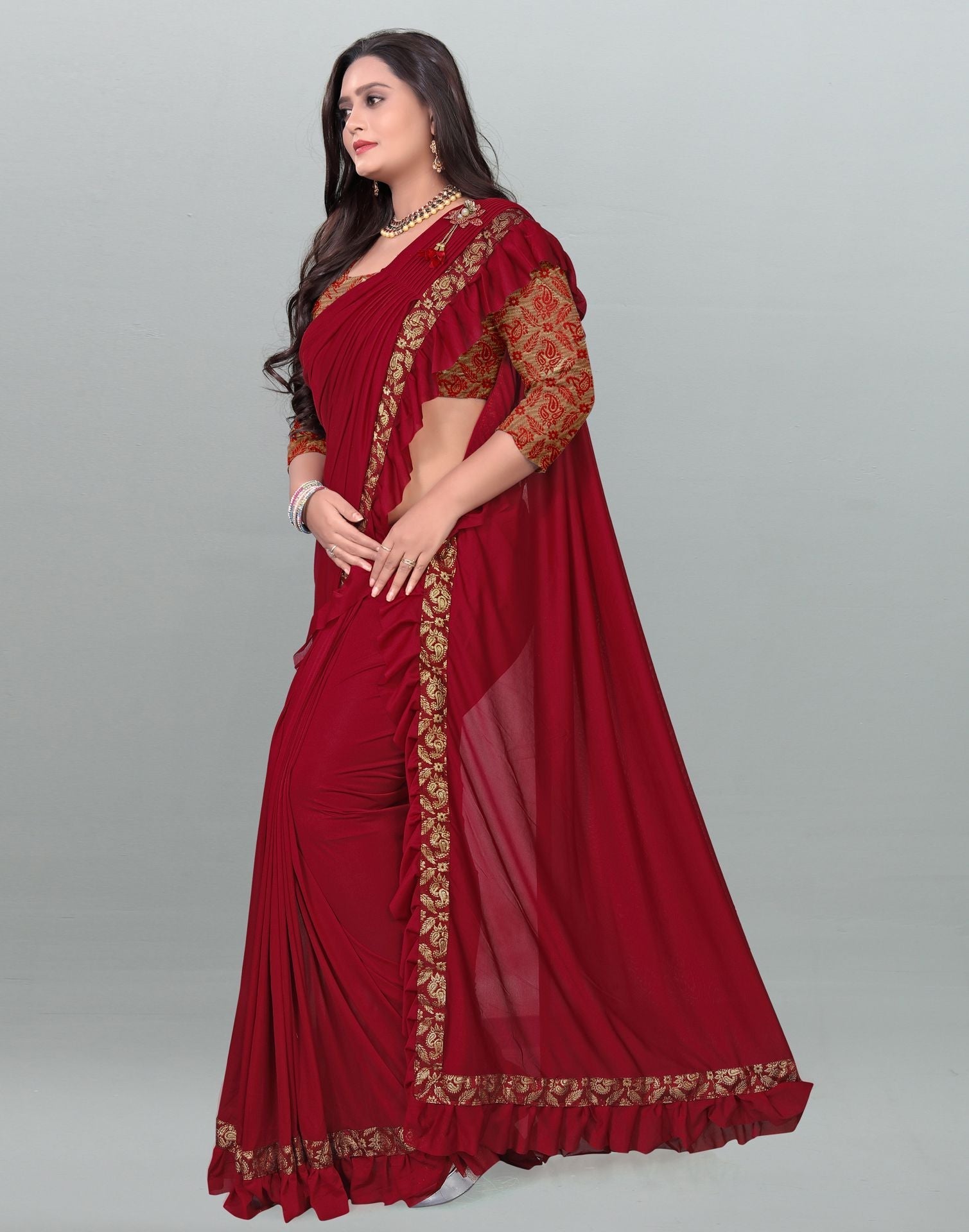 Maroon Plain Pre-draped Saree | Leemboodi
