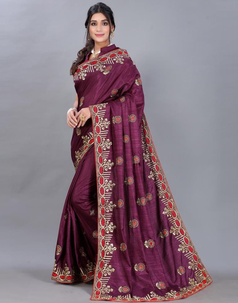 Wine Embroidery Saree | Sudathi