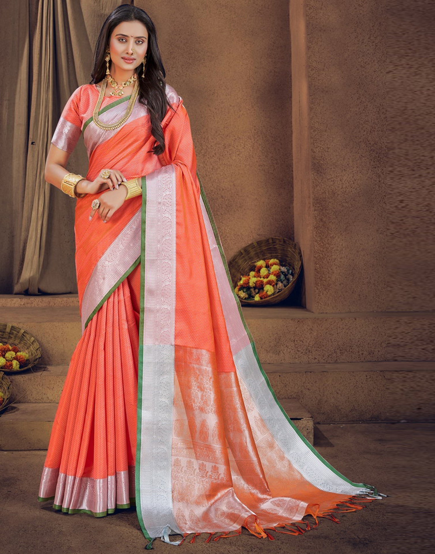 Peach Silk Blend Saree | Sudathi