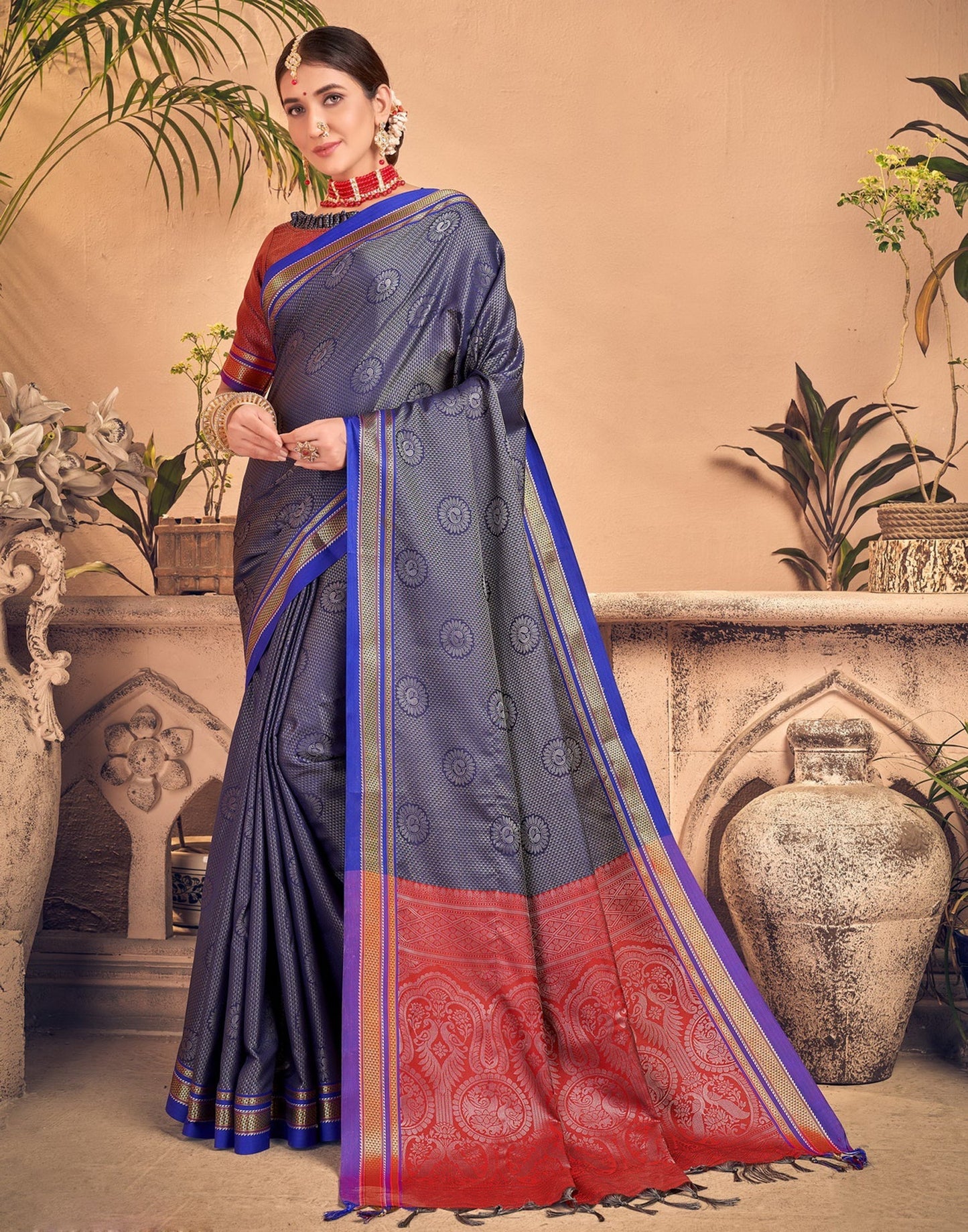 Navy Blue And Grey Silk Saree | Sudathi