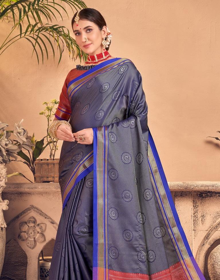 Navy Blue And Grey Silk Saree | Sudathi