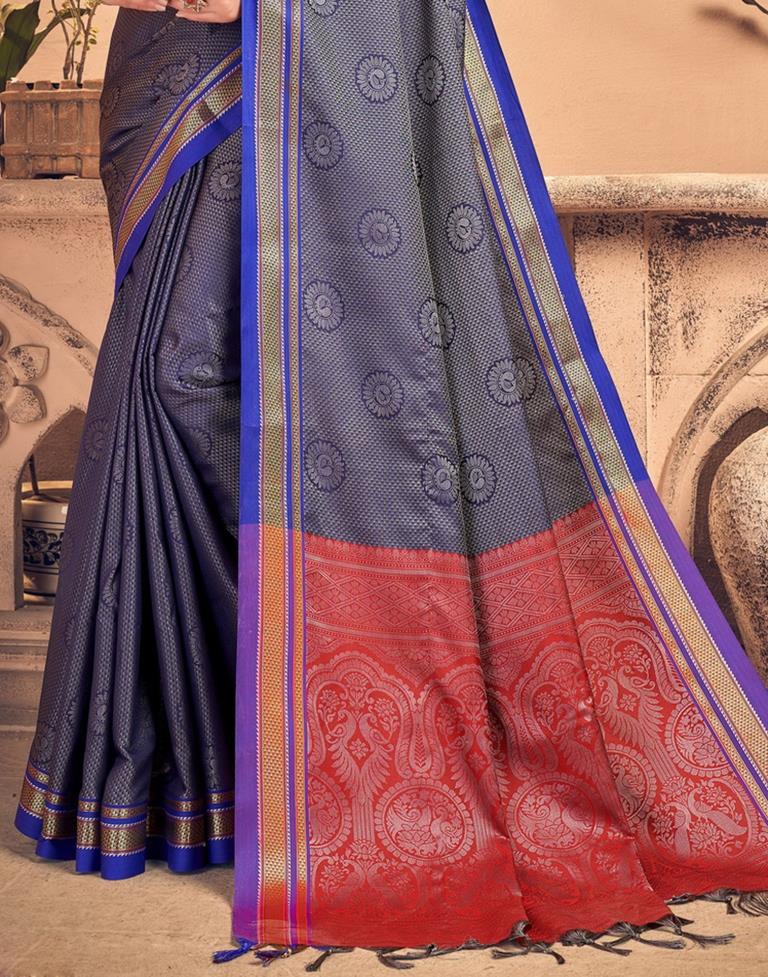 Navy Blue And Grey Silk Saree | Sudathi