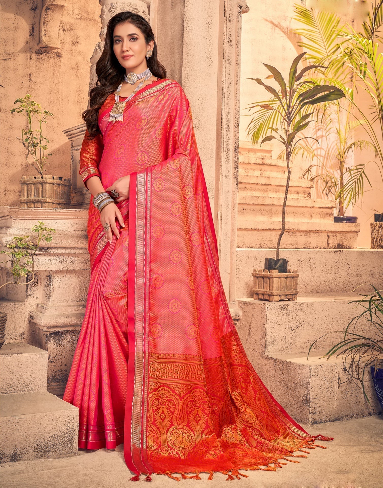 Golden And Hot Pink Silk Saree | Sudathi