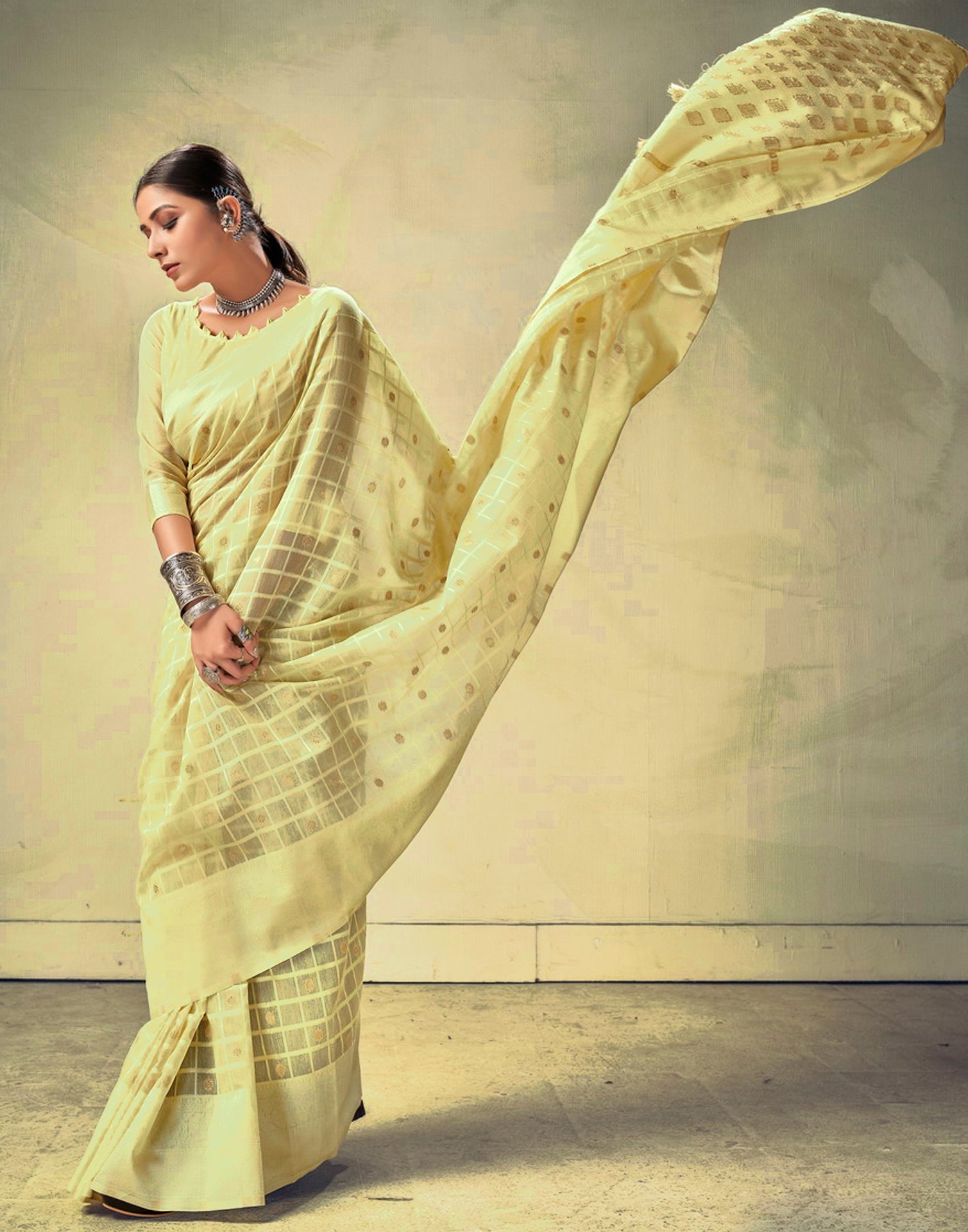 Light Yellow Geometric Cotton Woven Saree | Sudathi