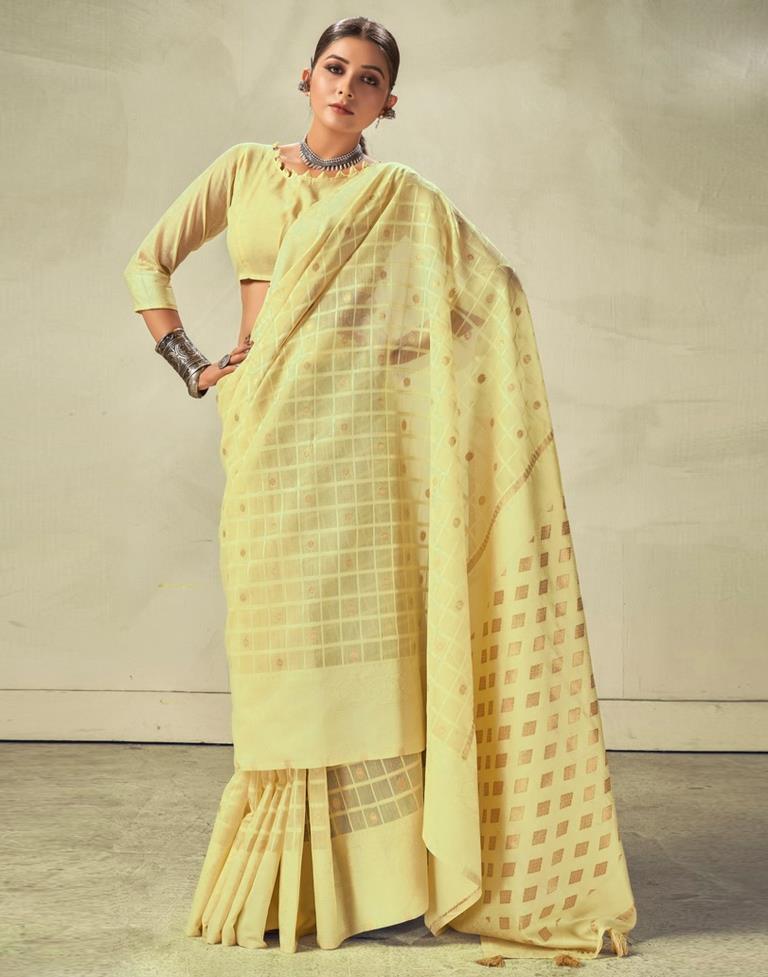 Light Yellow Geometric Cotton Woven Saree | Sudathi