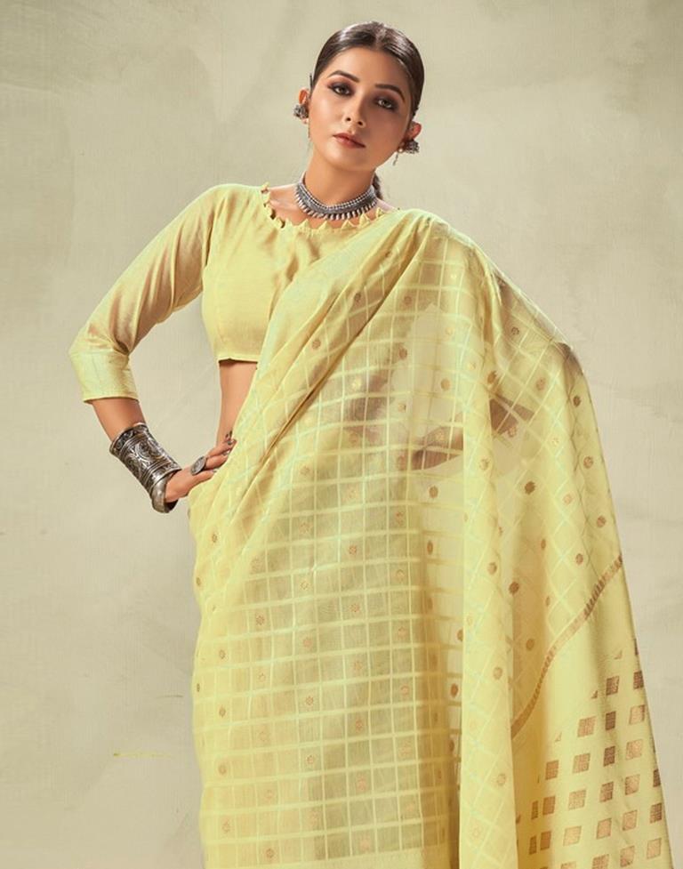 Light Yellow Geometric Cotton Woven Saree | Sudathi