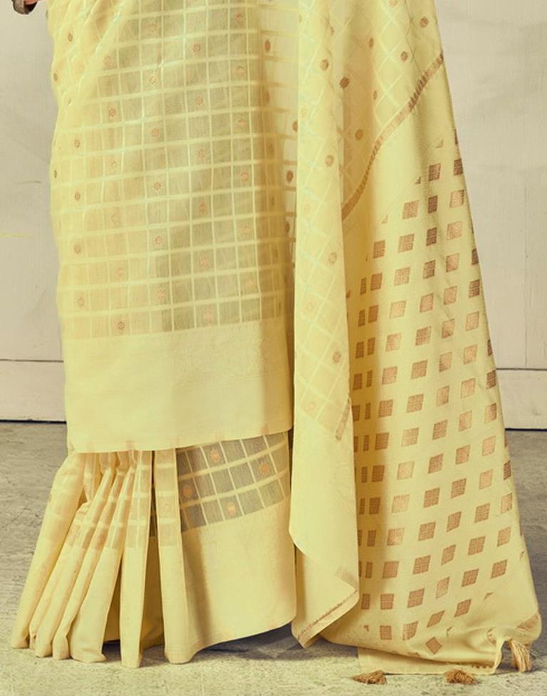 Light Yellow Geometric Cotton Woven Saree | Sudathi
