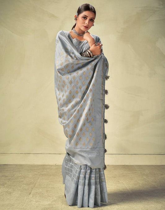Grey Geometric Cotton Woven Saree | Sudathi