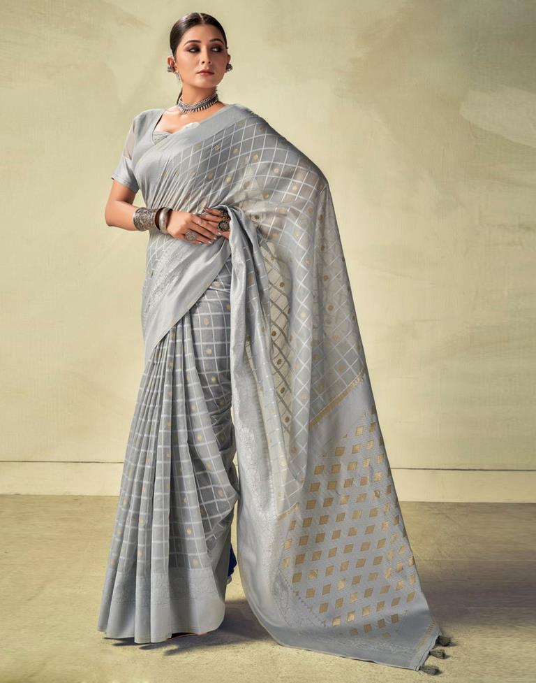Grey Geometric Cotton Woven Saree | Sudathi