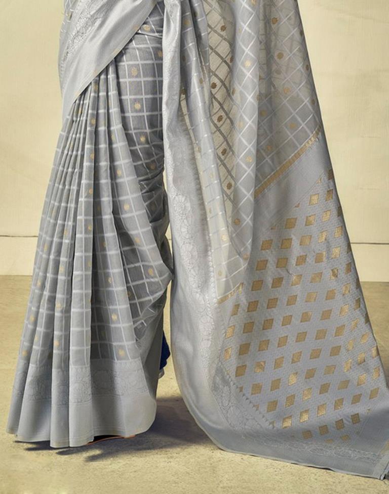 Grey Geometric Cotton Woven Saree | Sudathi