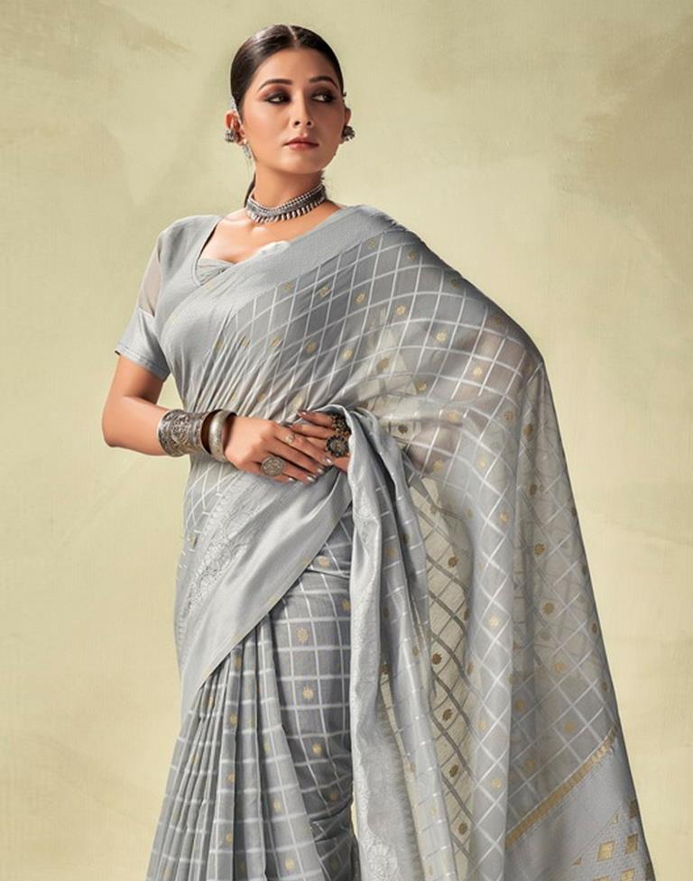 Grey Geometric Cotton Woven Saree | Sudathi
