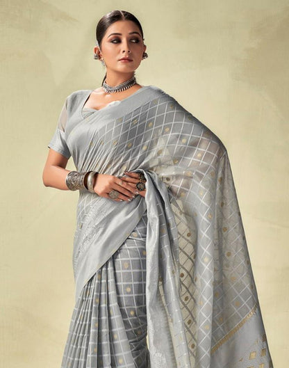 Grey Geometric Cotton Woven Saree | Sudathi