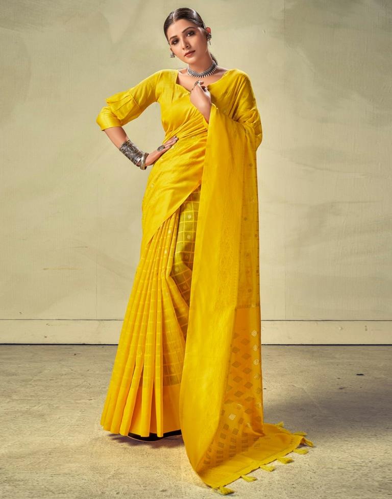 Mustard Yellow Geometric Cotton Woven Saree | Sudathi