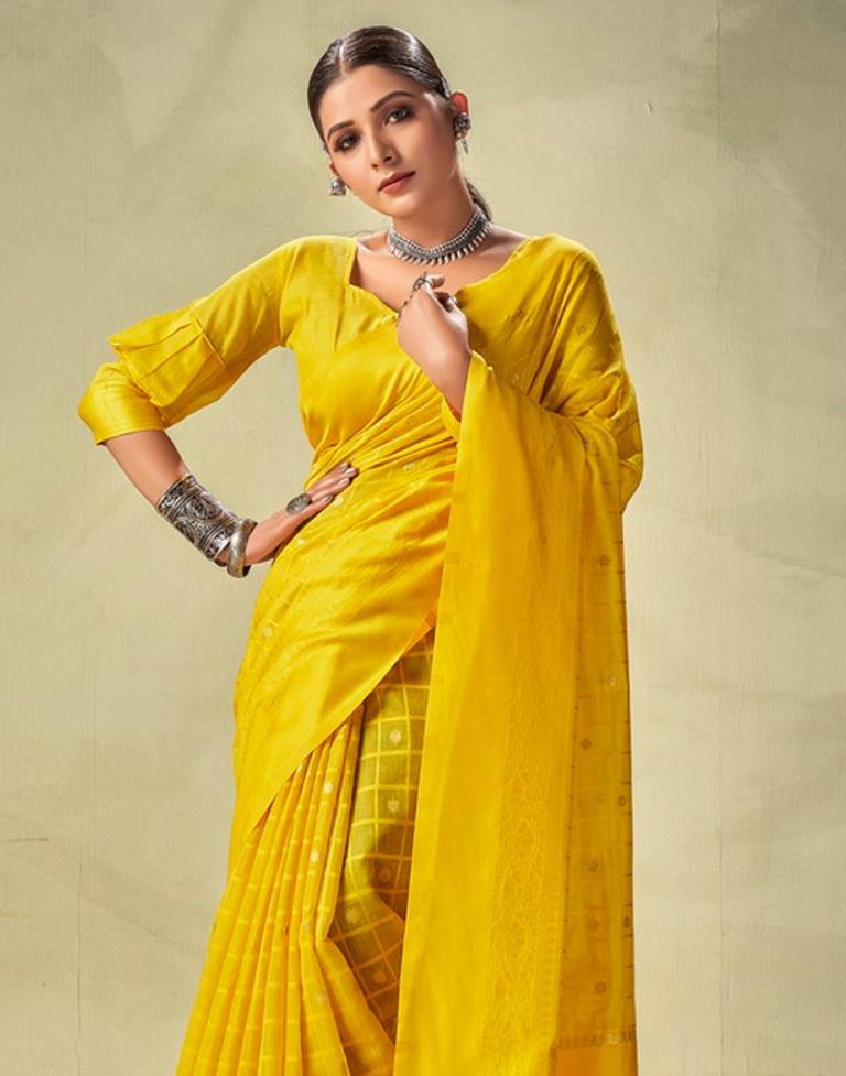 Mustard Yellow Geometric Cotton Woven Saree | Sudathi
