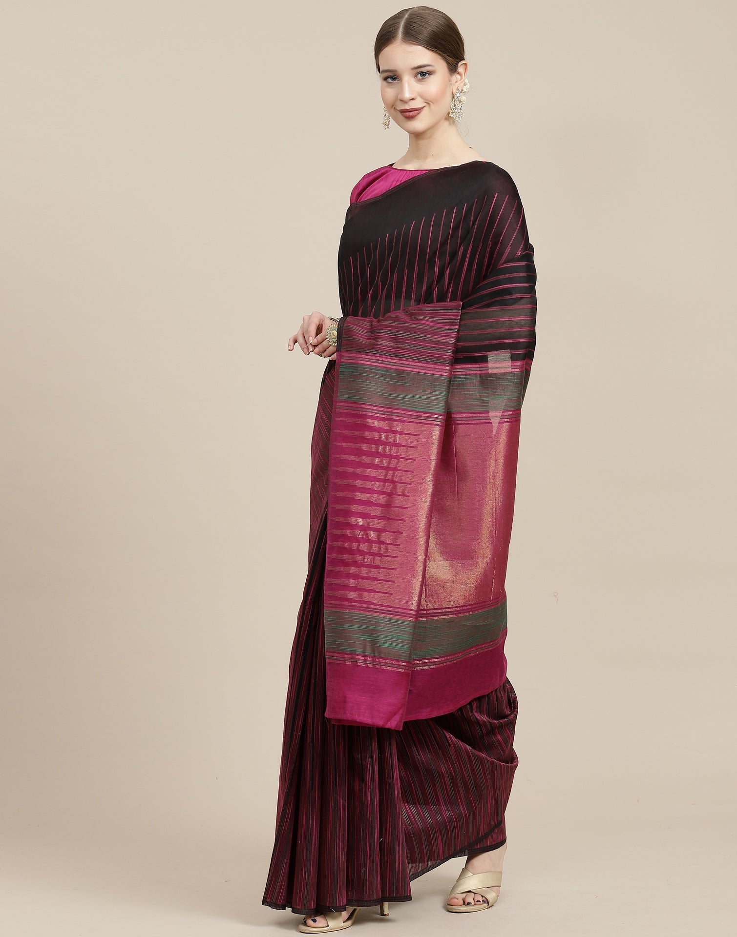 Black And Rani Pink Cotton Saree | Sudathi