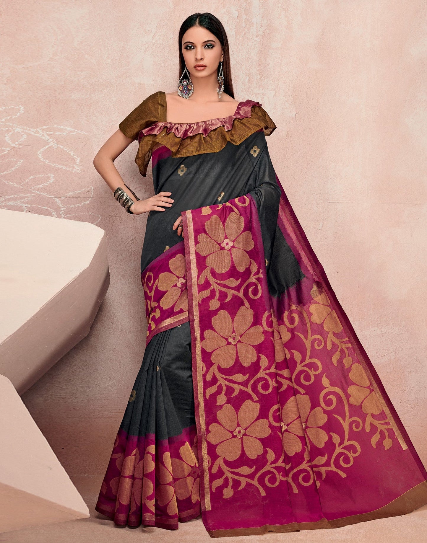Dark Grey Cotton Saree | Sudathi