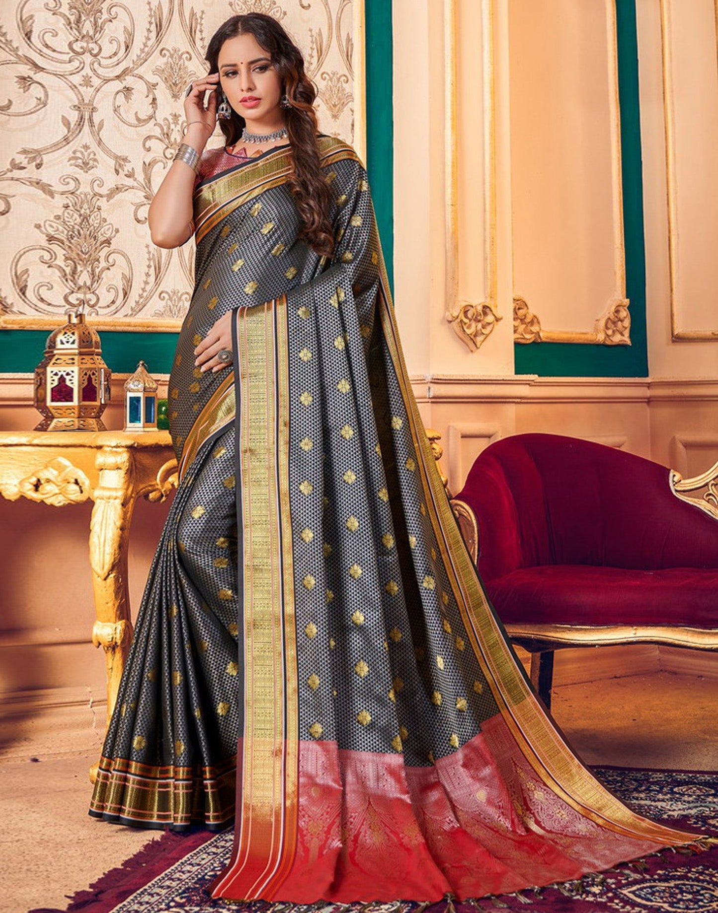 Dark Grey Silk Saree | Sudathi