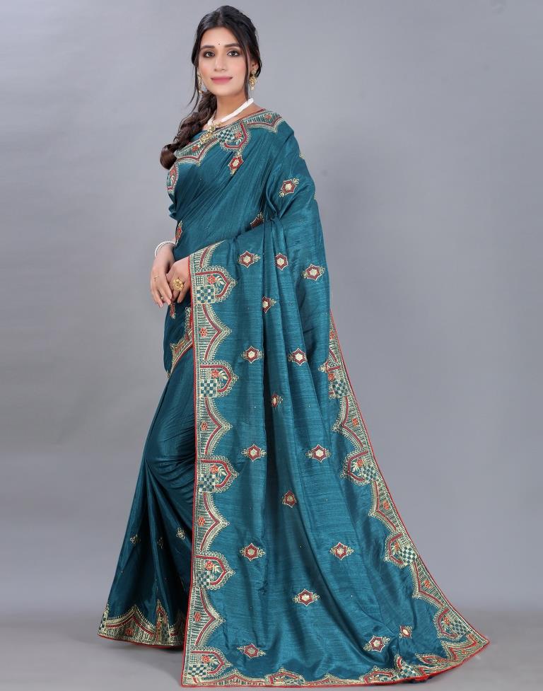 Peacock Blue Embroidery Saree | Sudathi