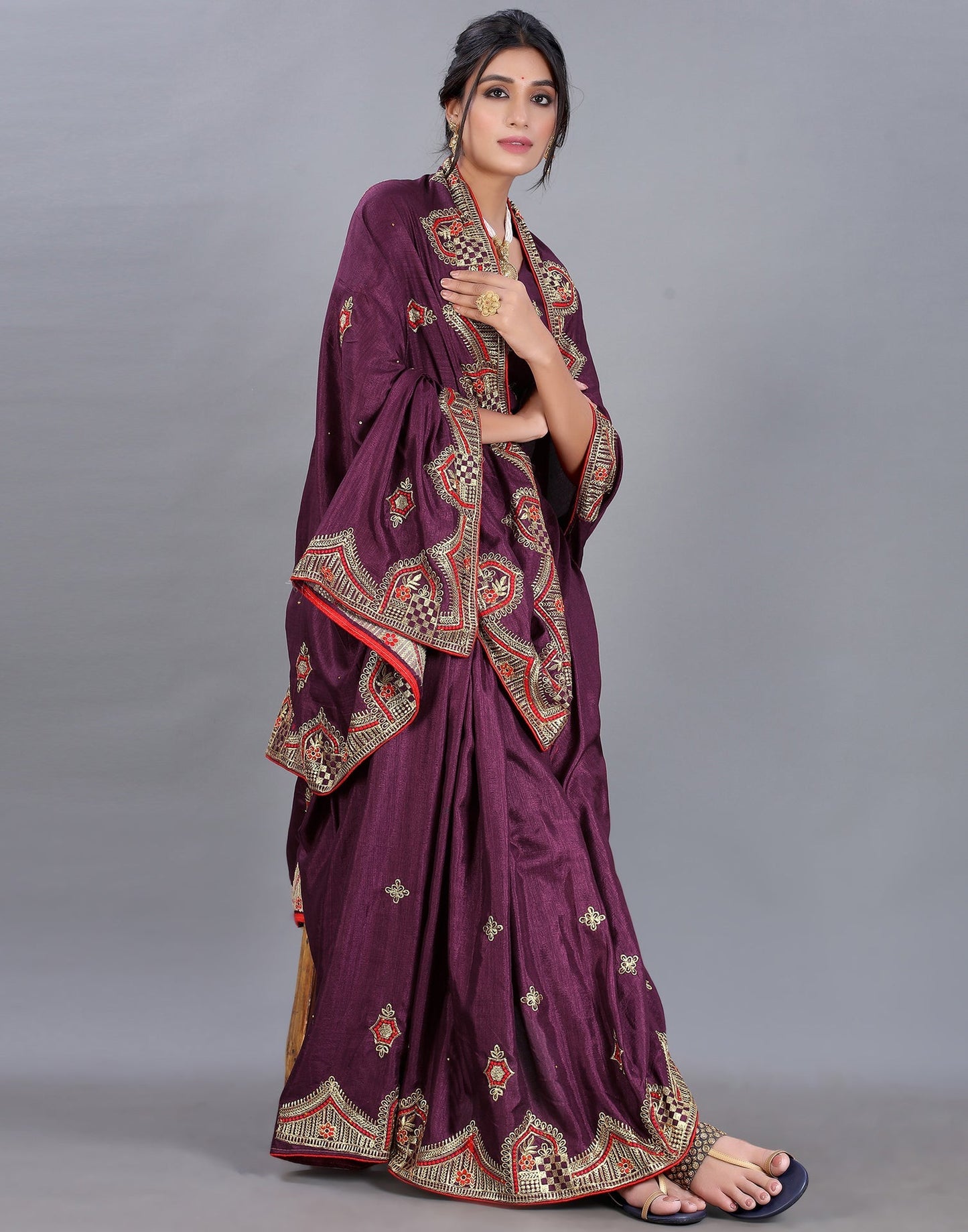 Wine Embroidery Saree | Sudathi