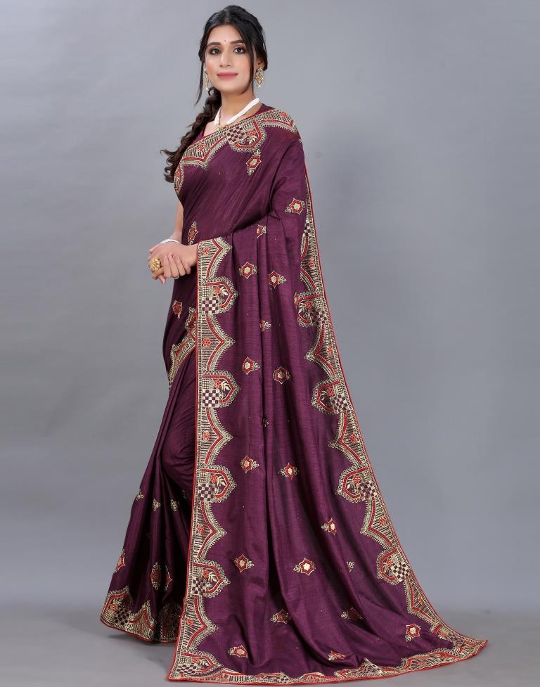 Wine Embroidery Saree | Sudathi
