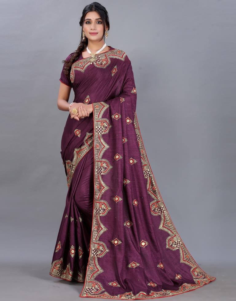 Wine Embroidery Saree | Sudathi