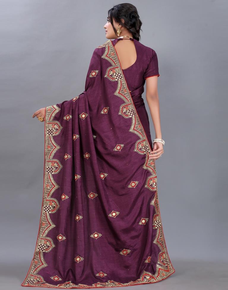 Wine Embroidery Saree | Sudathi