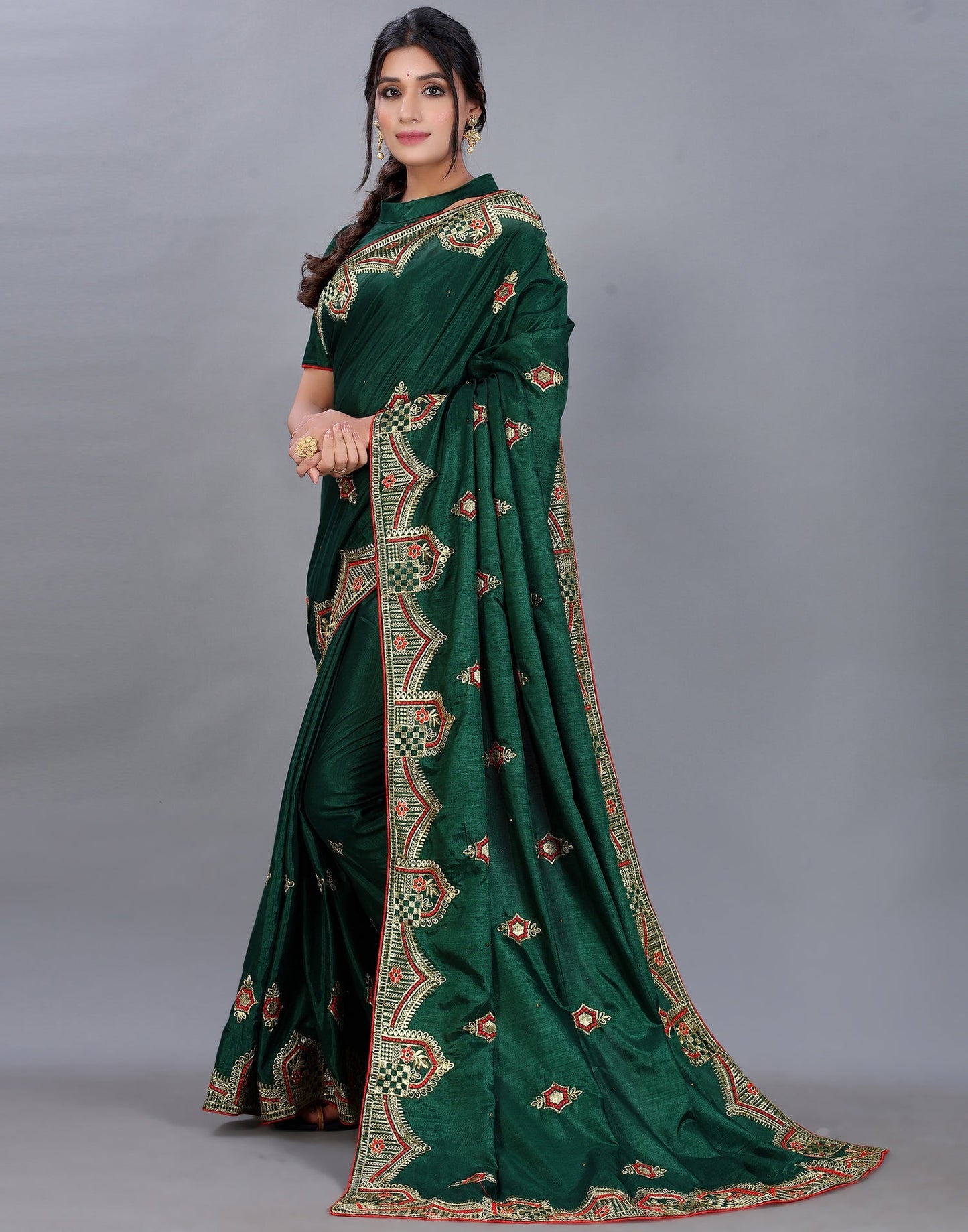 Bottle Green Embroidery Saree | Sudathi