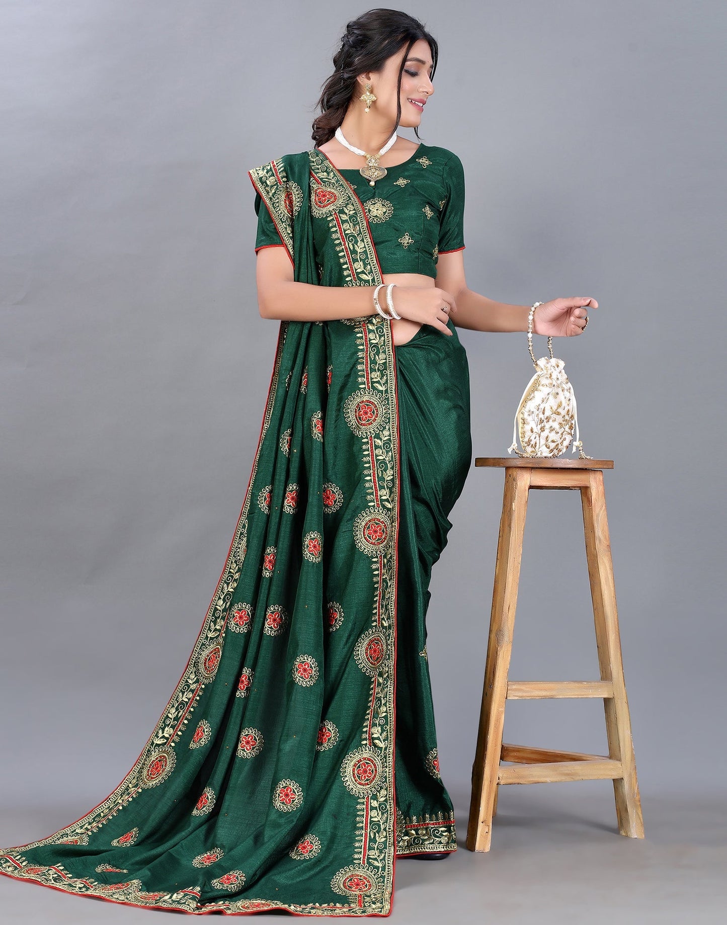 Bottle Green Embroidery Saree | Sudathi