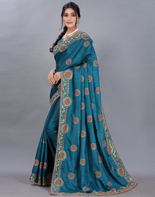 Peacock Blue Embroidery Saree | Sudathi
