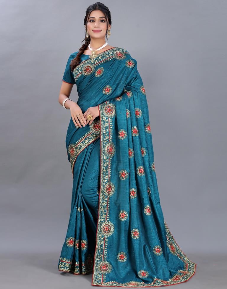 Peacock Blue Embroidery Saree | Sudathi