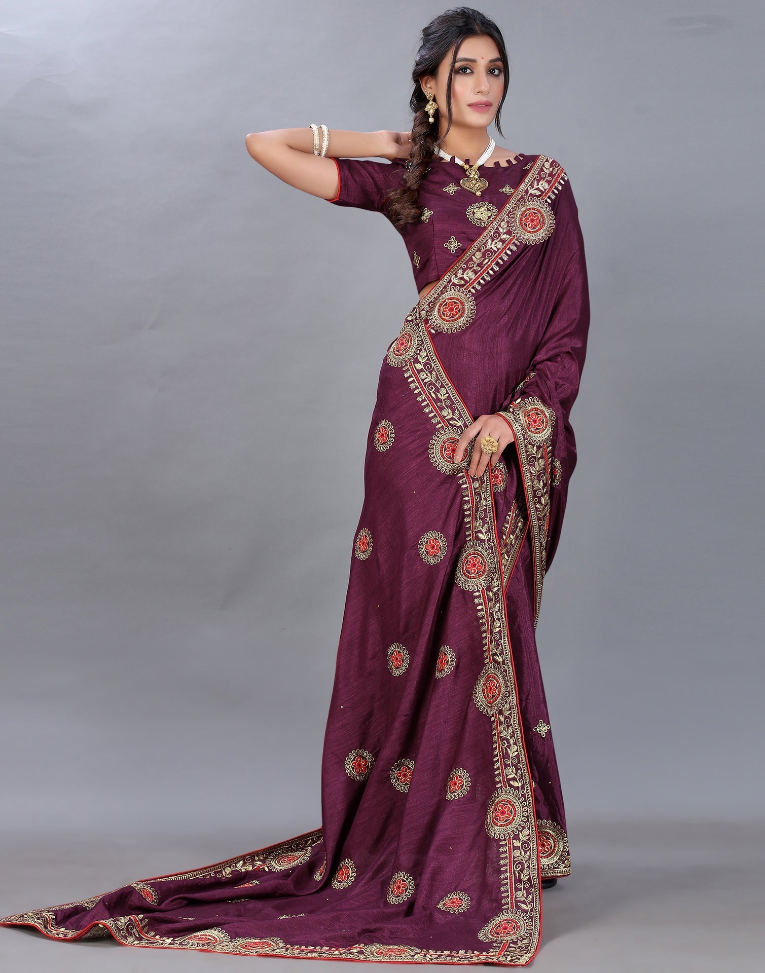 Wine Embroidery Saree | Sudathi