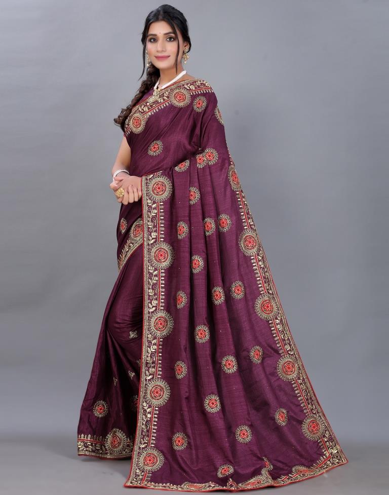 Wine Embroidery Saree | Sudathi