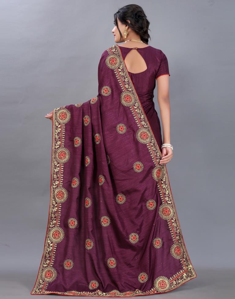 Wine Embroidery Saree | Sudathi