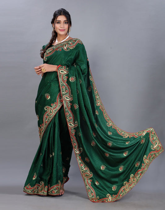 Bottle Green Embroidery Saree | Sudathi