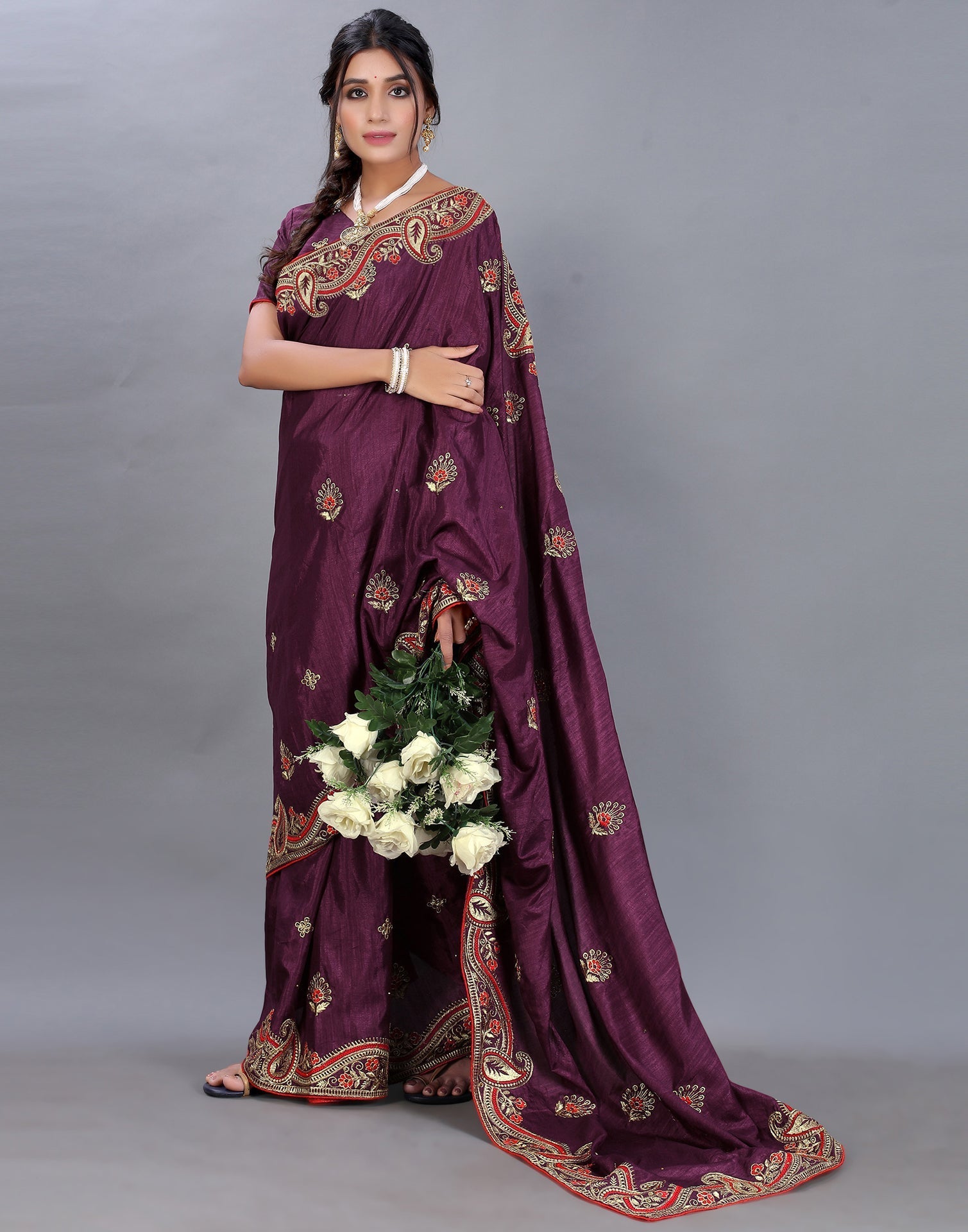 Wine Embroidery Saree | Sudathi