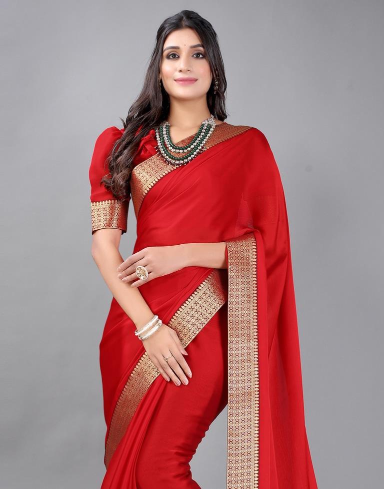 Red Plain Chiffon Saree