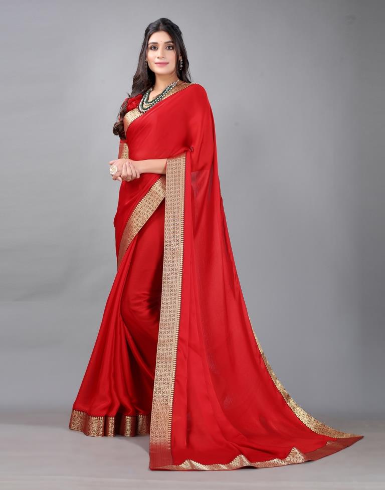 Red Plain Chiffon Saree
