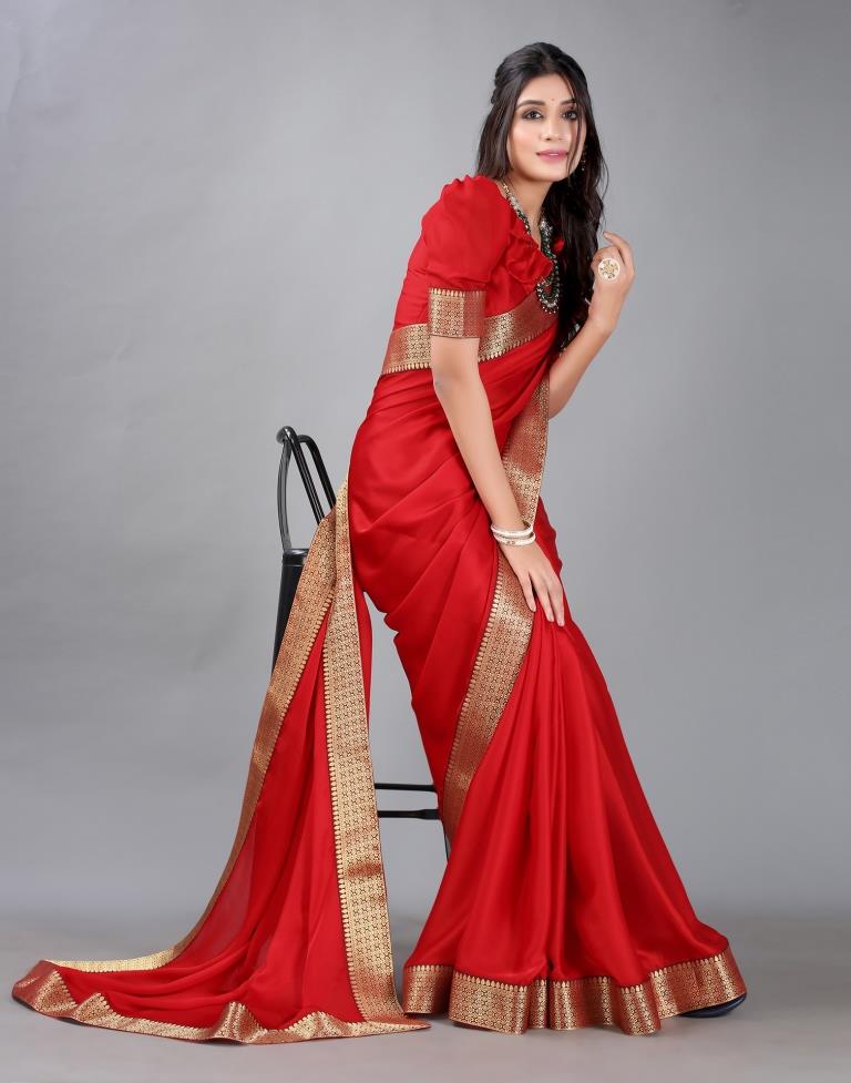 Red Plain Chiffon Saree
