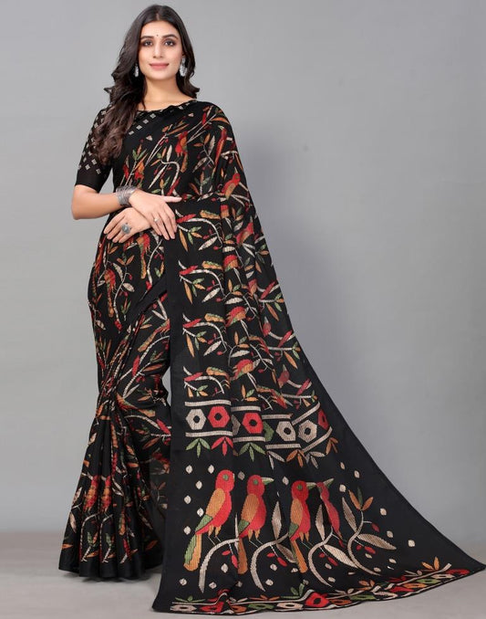 Black Printed Cotton Saree