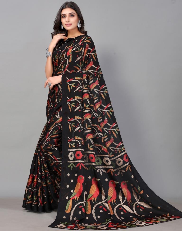 Black Printed Cotton Saree